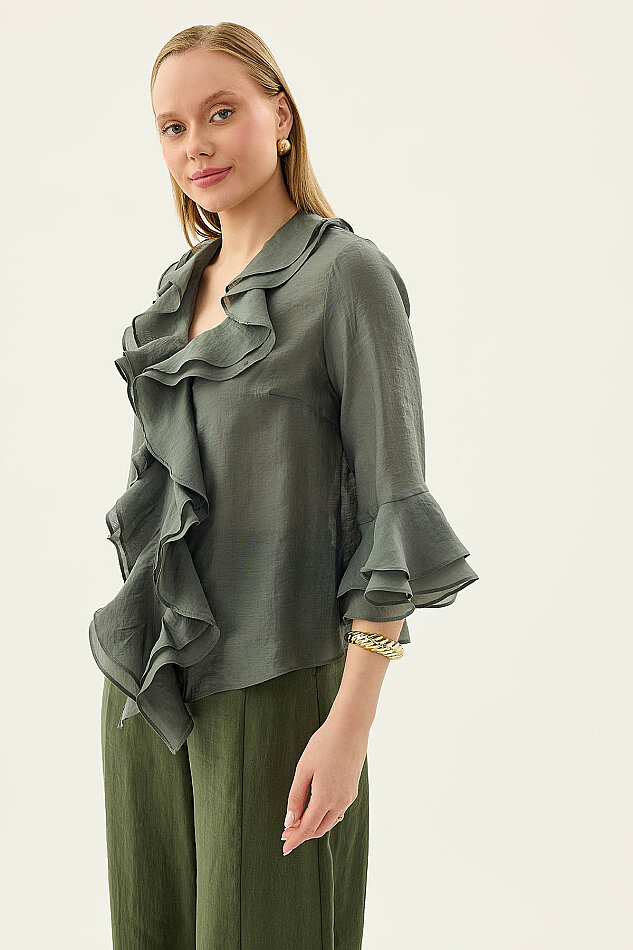 Önü Düğmeli Fırfırlı Bluz - 3