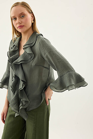 Önü Düğmeli Fırfırlı Bluz - 4