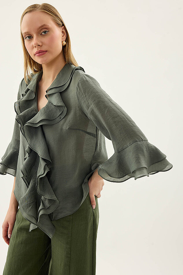 Önü Düğmeli Fırfırlı Bluz - 4