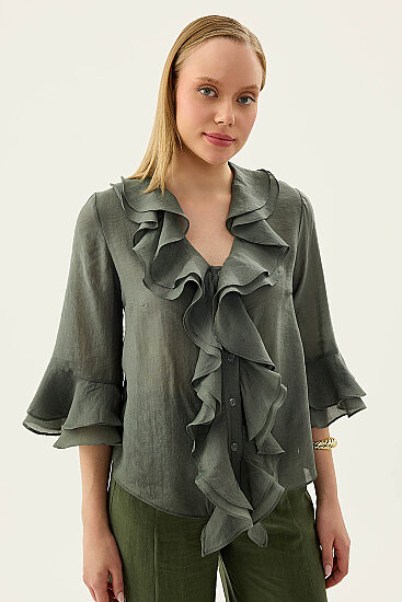 Önü Düğmeli Fırfırlı Bluz - 6