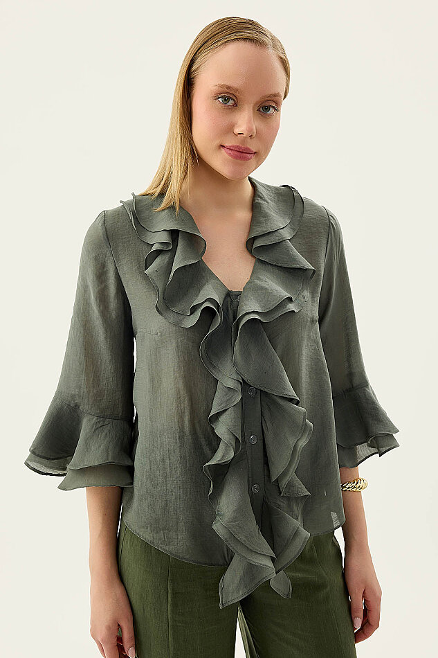 Önü Düğmeli Fırfırlı Bluz - 6