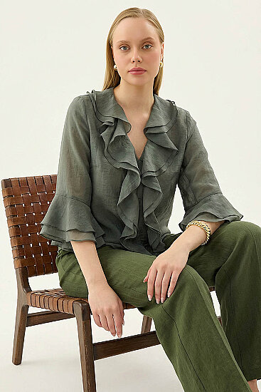 Önü Düğmeli Fırfırlı Bluz - 2