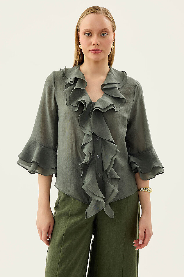 Önü Düğmeli Fırfırlı Bluz - 1