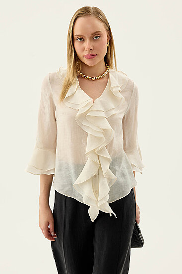 Önü Düğmeli Fırfırlı Bluz - 9
