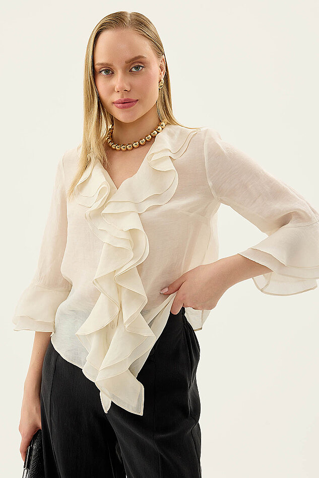 Önü Düğmeli Fırfırlı Bluz - 10