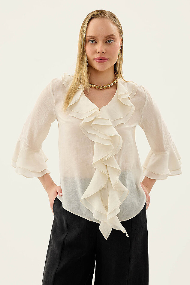 Önü Düğmeli Fırfırlı Bluz - 12