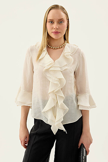 Önü Düğmeli Fırfırlı Bluz - 8
