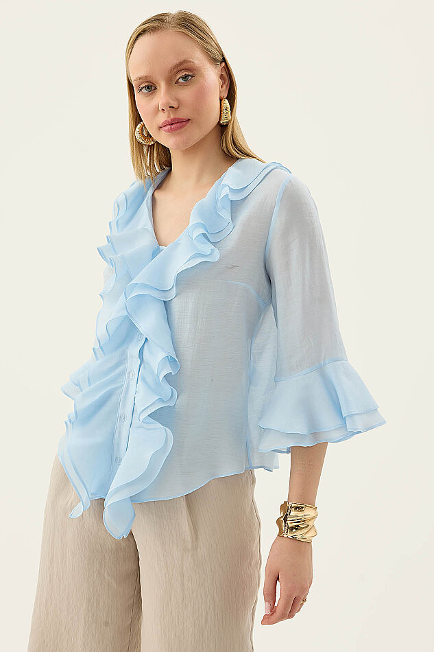 Önü Düğmeli Fırfırlı Bluz - 17