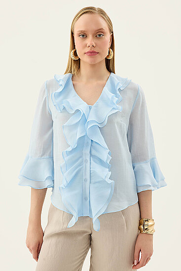 Önü Düğmeli Fırfırlı Bluz - 14