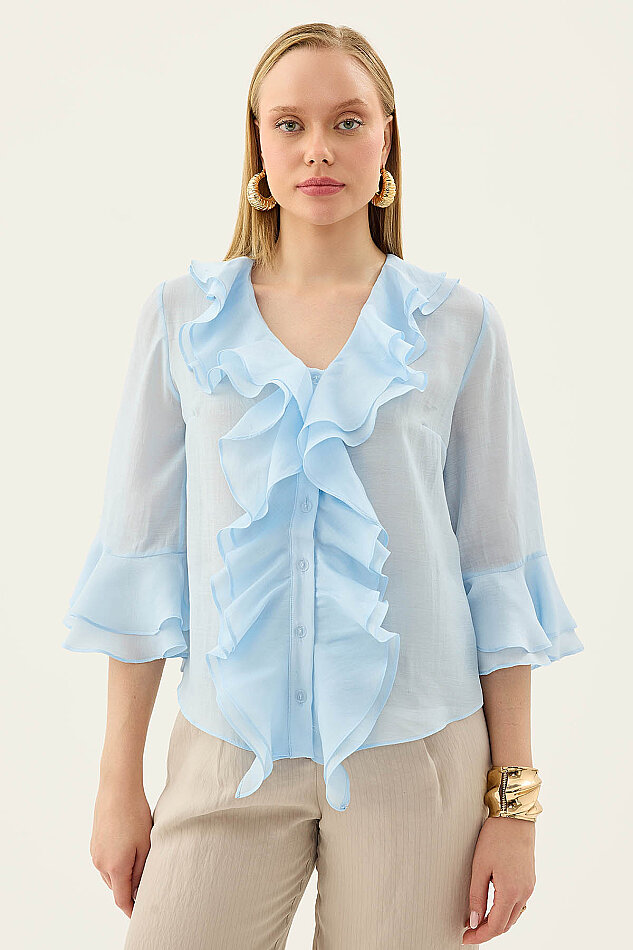 Önü Düğmeli Fırfırlı Bluz - 14