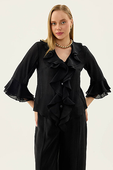 Önü Düğmeli Fırfırlı Bluz - 21