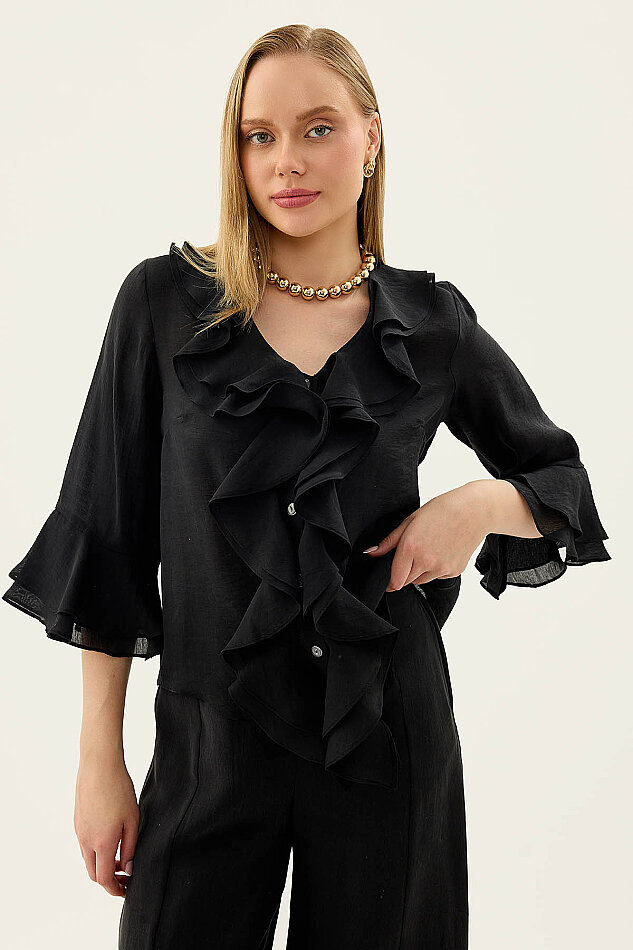 Önü Düğmeli Fırfırlı Bluz - 25