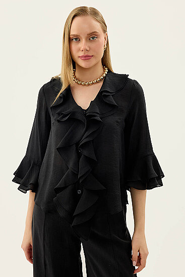 Önü Düğmeli Fırfırlı Bluz - 20