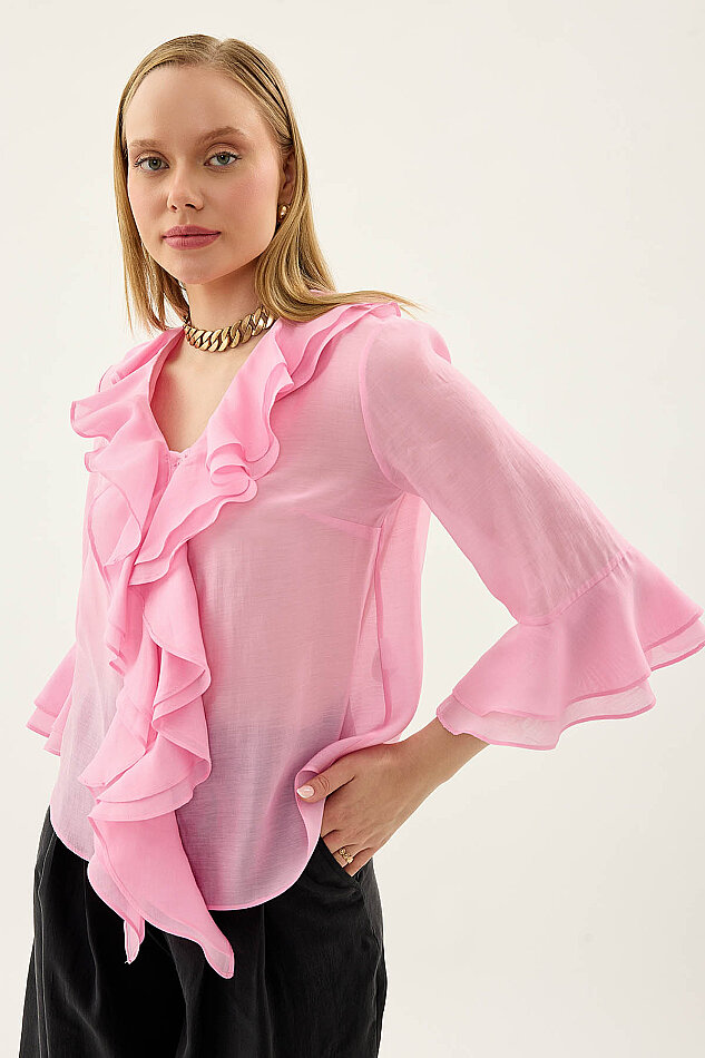 Önü Düğmeli Fırfırlı Bluz - 27