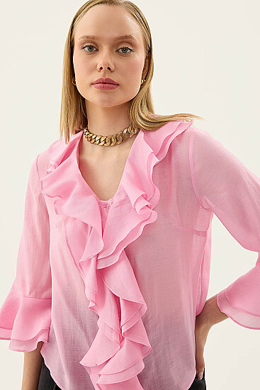 Önü Düğmeli Fırfırlı Bluz - 28