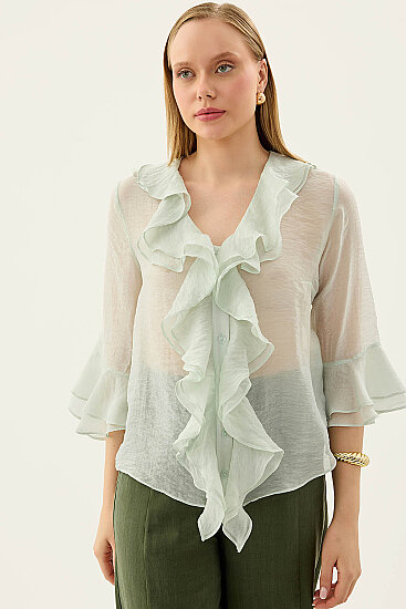 Önü Düğmeli Fırfırlı Bluz - 35