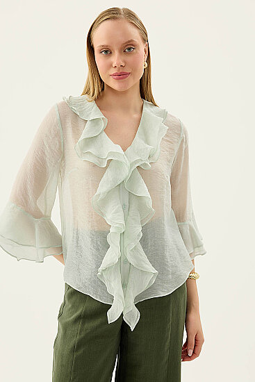 Önü Düğmeli Fırfırlı Bluz - 34