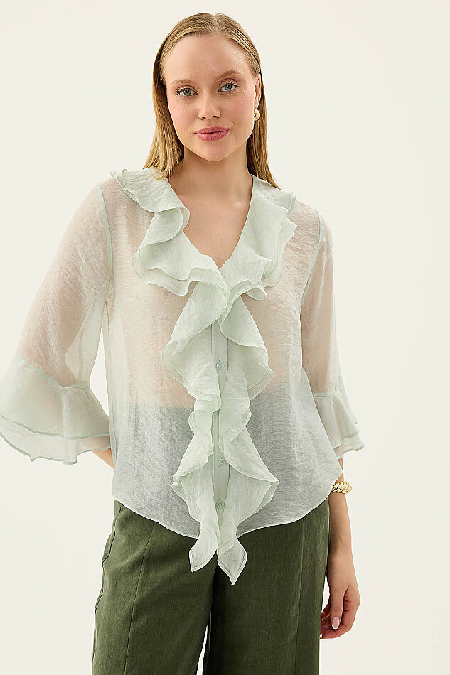 Önü Düğmeli Fırfırlı Bluz - 34