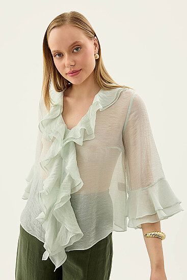 Önü Düğmeli Fırfırlı Bluz - 36