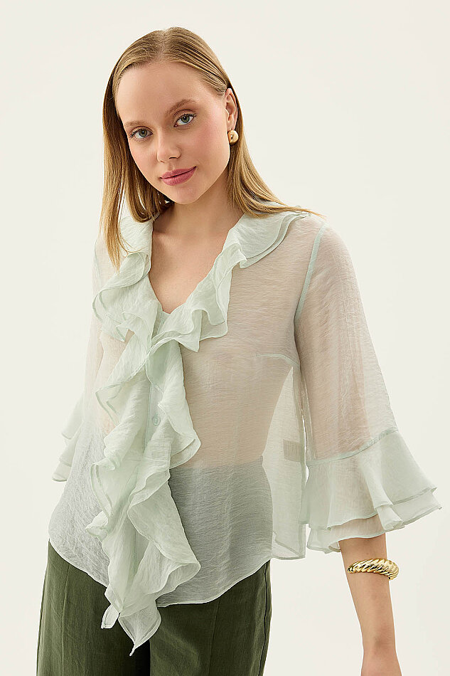 Önü Düğmeli Fırfırlı Bluz - 36