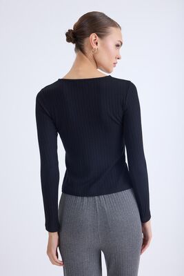 Önü Düğmeli Fitilli Uzun Kol Bluz - Thumbnail (4)