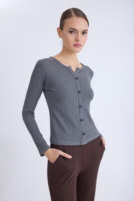 Önü Düğmeli Fitilli Uzun Kol Bluz - Thumbnail (6)