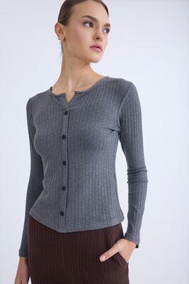 Önü Düğmeli Fitilli Uzun Kol Bluz - Thumbnail (8)