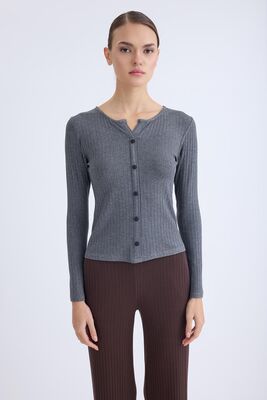 Önü Düğmeli Fitilli Uzun Kol Bluz - Thumbnail (10)