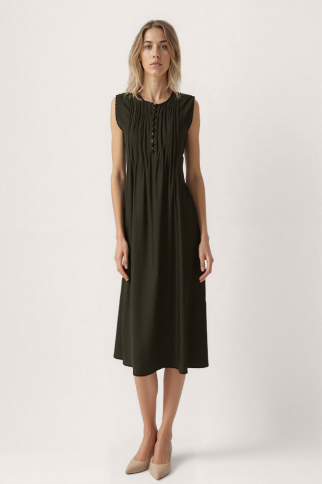 Önü Düğmeli Krinkıl Kumaş Sıfır Kol Elbise - 1