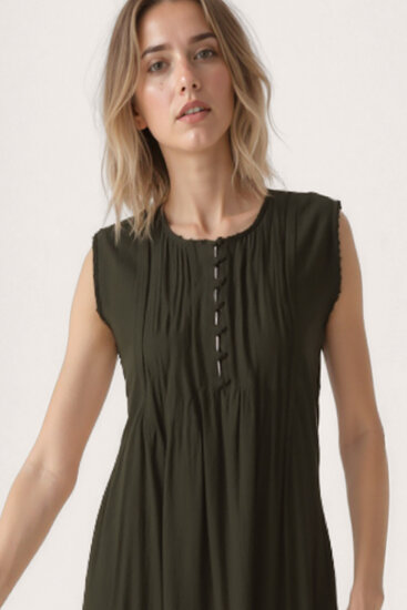 Önü Düğmeli Krinkıl Kumaş Sıfır Kol Elbise - 3