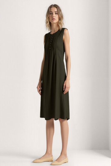 Önü Düğmeli Krinkıl Kumaş Sıfır Kol Elbise - 5