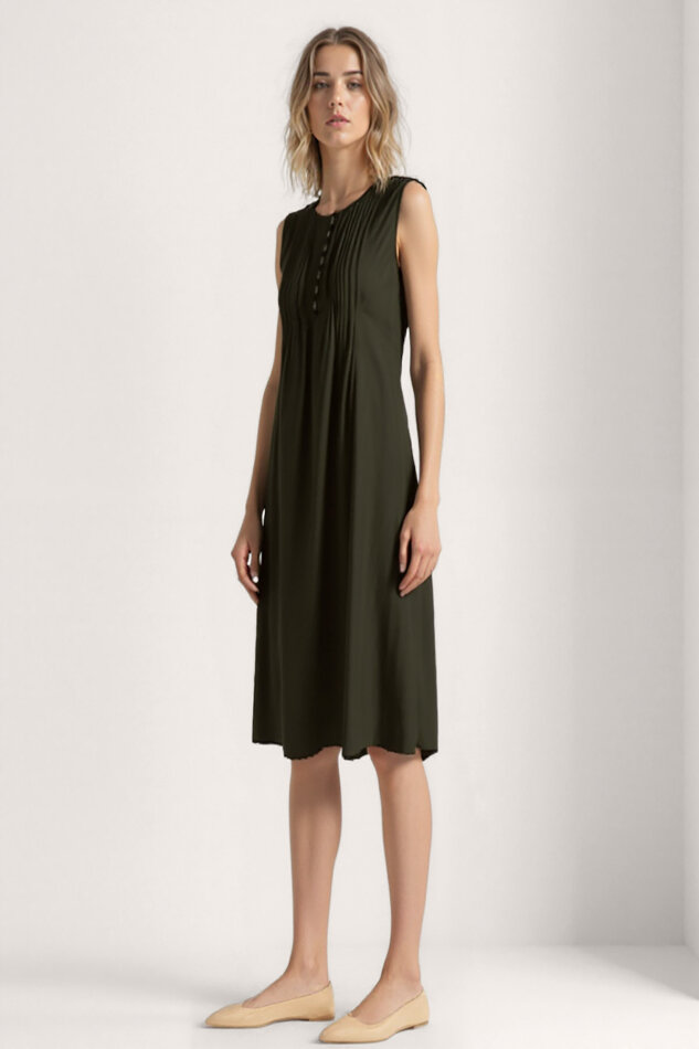 Önü Düğmeli Krinkıl Kumaş Sıfır Kol Elbise - 5