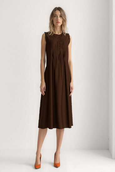 Önü Düğmeli Krinkıl Kumaş Sıfır Kol Elbise - 6