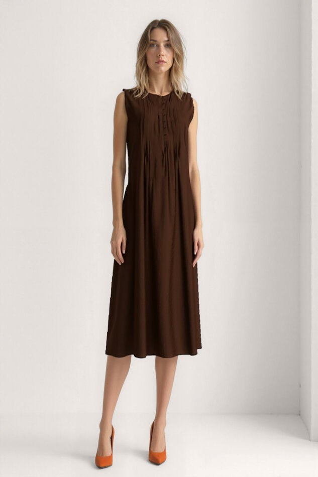 Önü Düğmeli Krinkıl Kumaş Sıfır Kol Elbise - 6