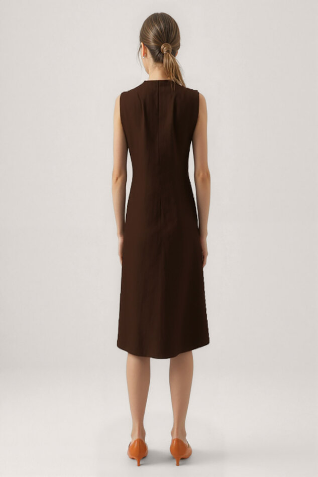 Önü Düğmeli Krinkıl Kumaş Sıfır Kol Elbise - 7