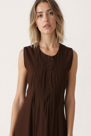 Önü Düğmeli Krinkıl Kumaş Sıfır Kol Elbise - 9