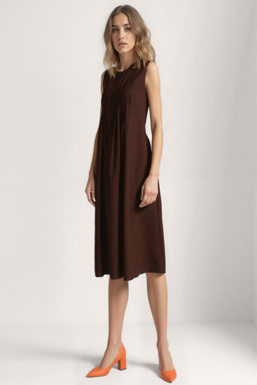 Önü Düğmeli Krinkıl Kumaş Sıfır Kol Elbise - 10