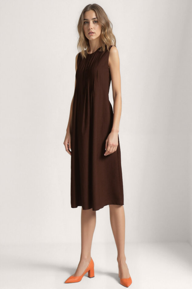 Önü Düğmeli Krinkıl Kumaş Sıfır Kol Elbise - 10