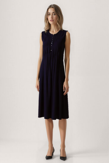 Önü Düğmeli Krinkıl Kumaş Sıfır Kol Elbise - 11