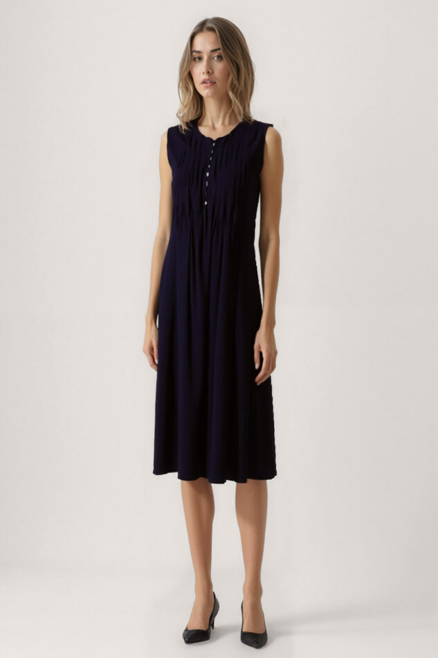 Önü Düğmeli Krinkıl Kumaş Sıfır Kol Elbise - 11