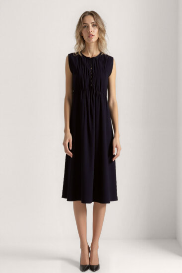 Önü Düğmeli Krinkıl Kumaş Sıfır Kol Elbise - 12