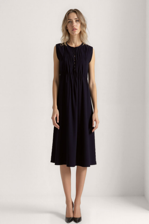 Önü Düğmeli Krinkıl Kumaş Sıfır Kol Elbise - 12