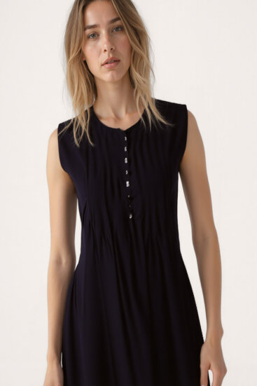 Önü Düğmeli Krinkıl Kumaş Sıfır Kol Elbise - 15