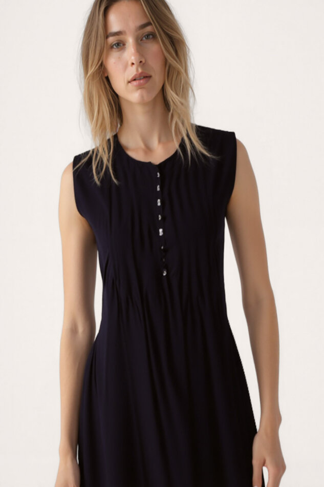 Önü Düğmeli Krinkıl Kumaş Sıfır Kol Elbise - 15