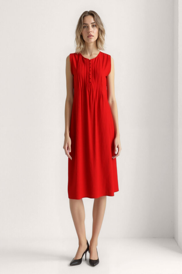 Önü Düğmeli Krinkıl Kumaş Sıfır Kol Elbise - 16