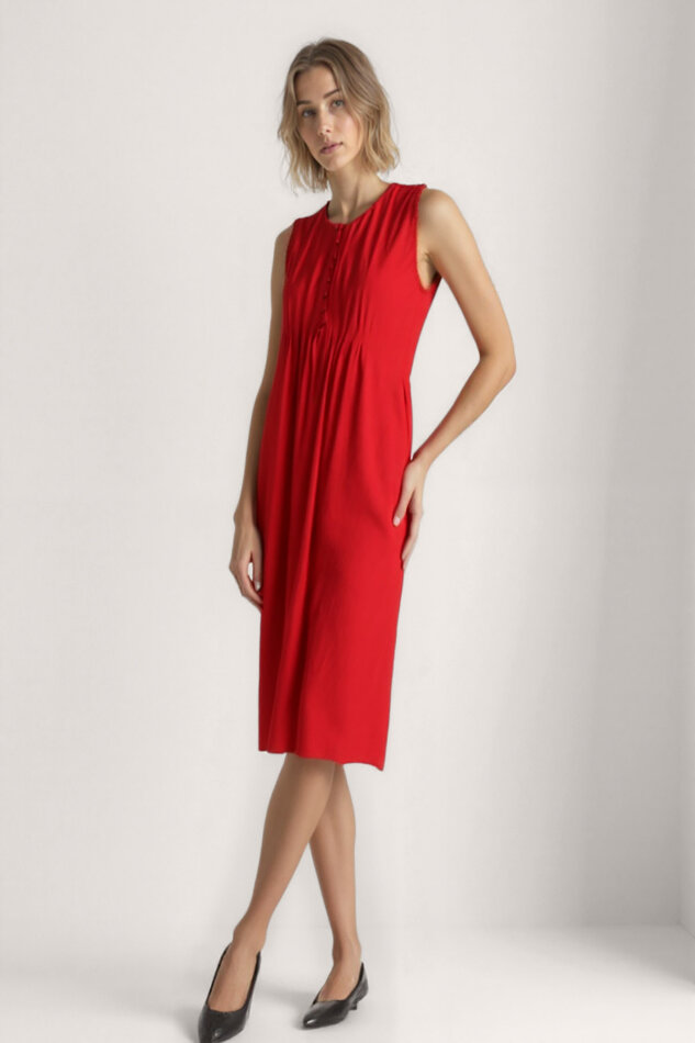 Önü Düğmeli Krinkıl Kumaş Sıfır Kol Elbise - 17