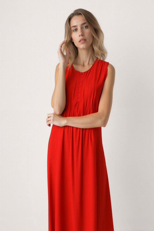 Önü Düğmeli Krinkıl Kumaş Sıfır Kol Elbise - 19