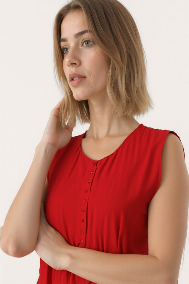 Önü Düğmeli Krinkıl Kumaş Sıfır Kol Elbise - 20