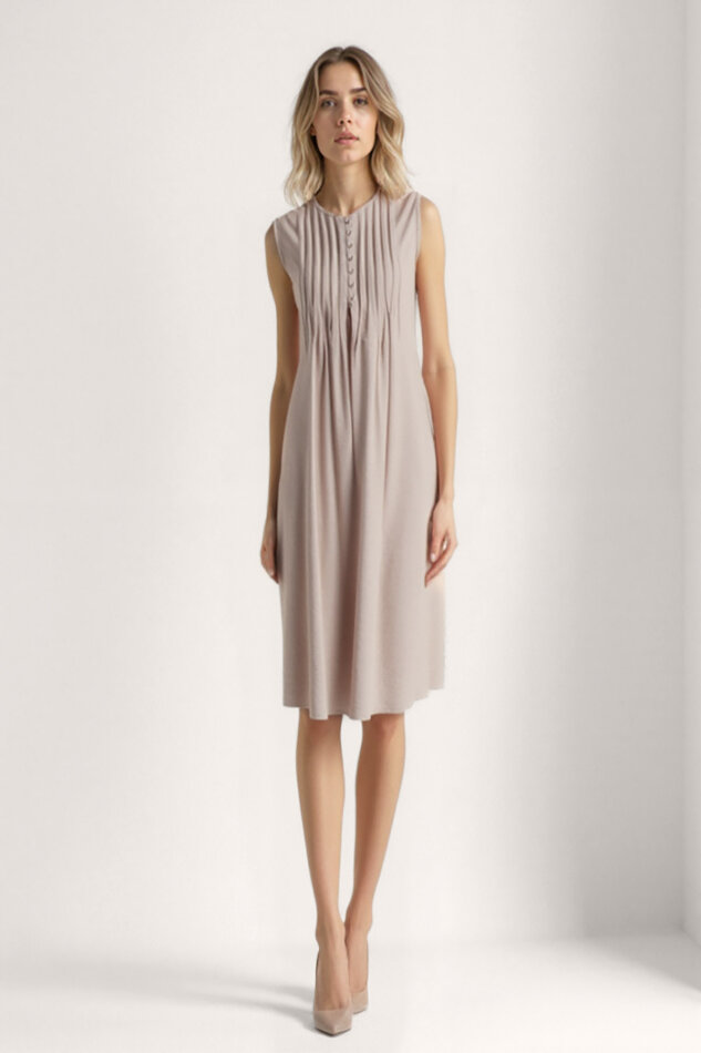 Önü Düğmeli Krinkıl Kumaş Sıfır Kol Elbise - 21