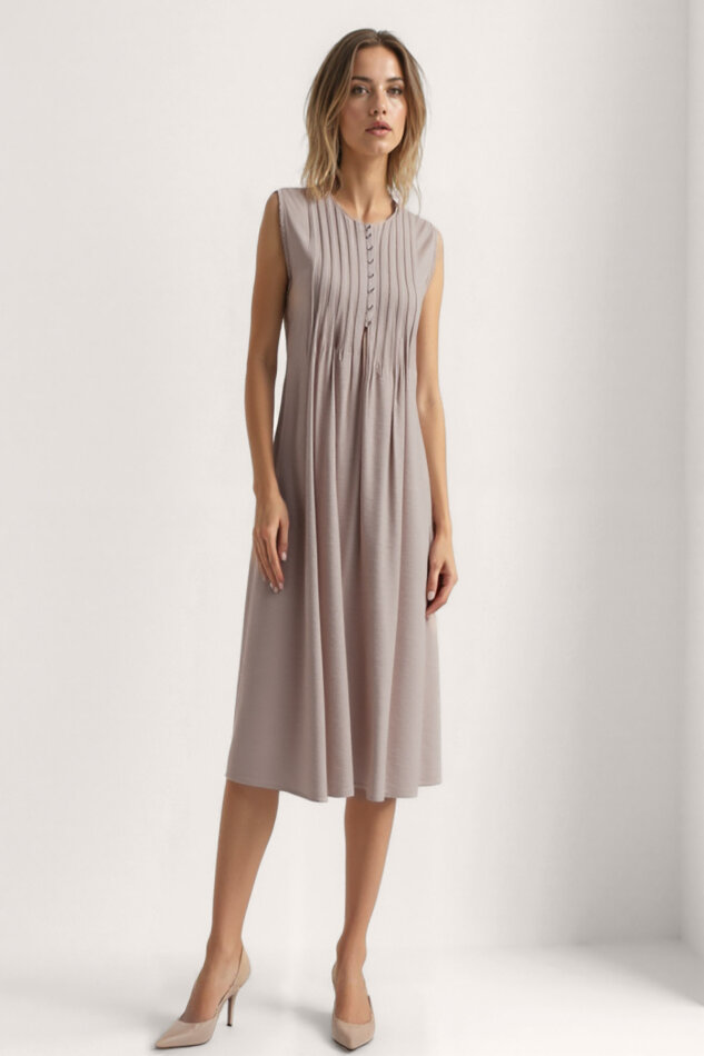 Önü Düğmeli Krinkıl Kumaş Sıfır Kol Elbise - 22